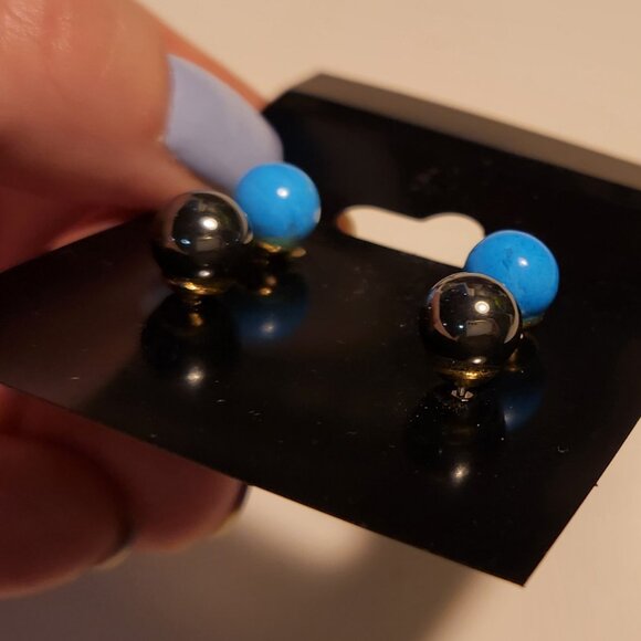 Two Pairs of Rounded Stud Earrings - Turquoise Blue & Dark Silver - Picture 2 of 3